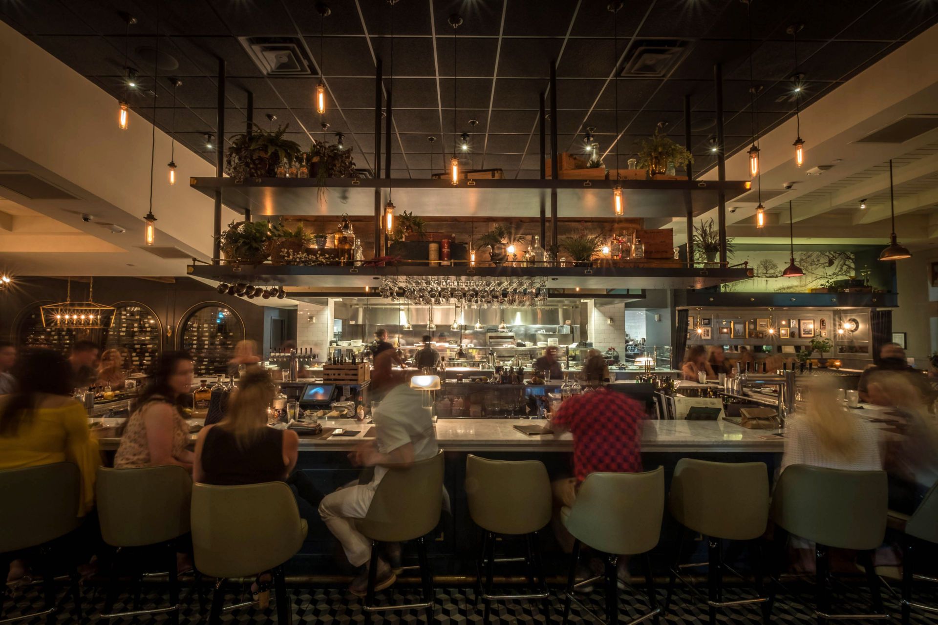 Guests at the bar in front of the open kitchen